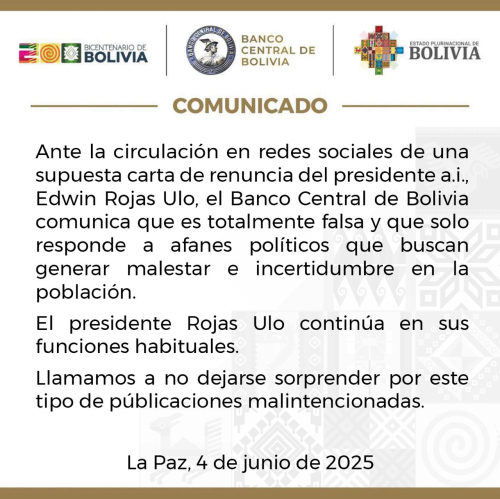 BCB desmiente supuesta renuncia de su presidente
