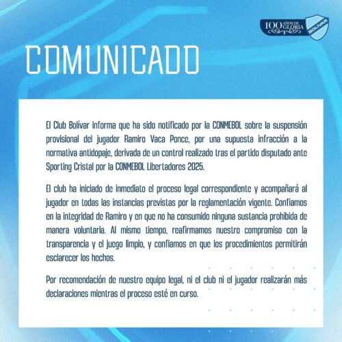 Conmebol suspende a Ramiro Vaca por doping ante Sporting Cristal
